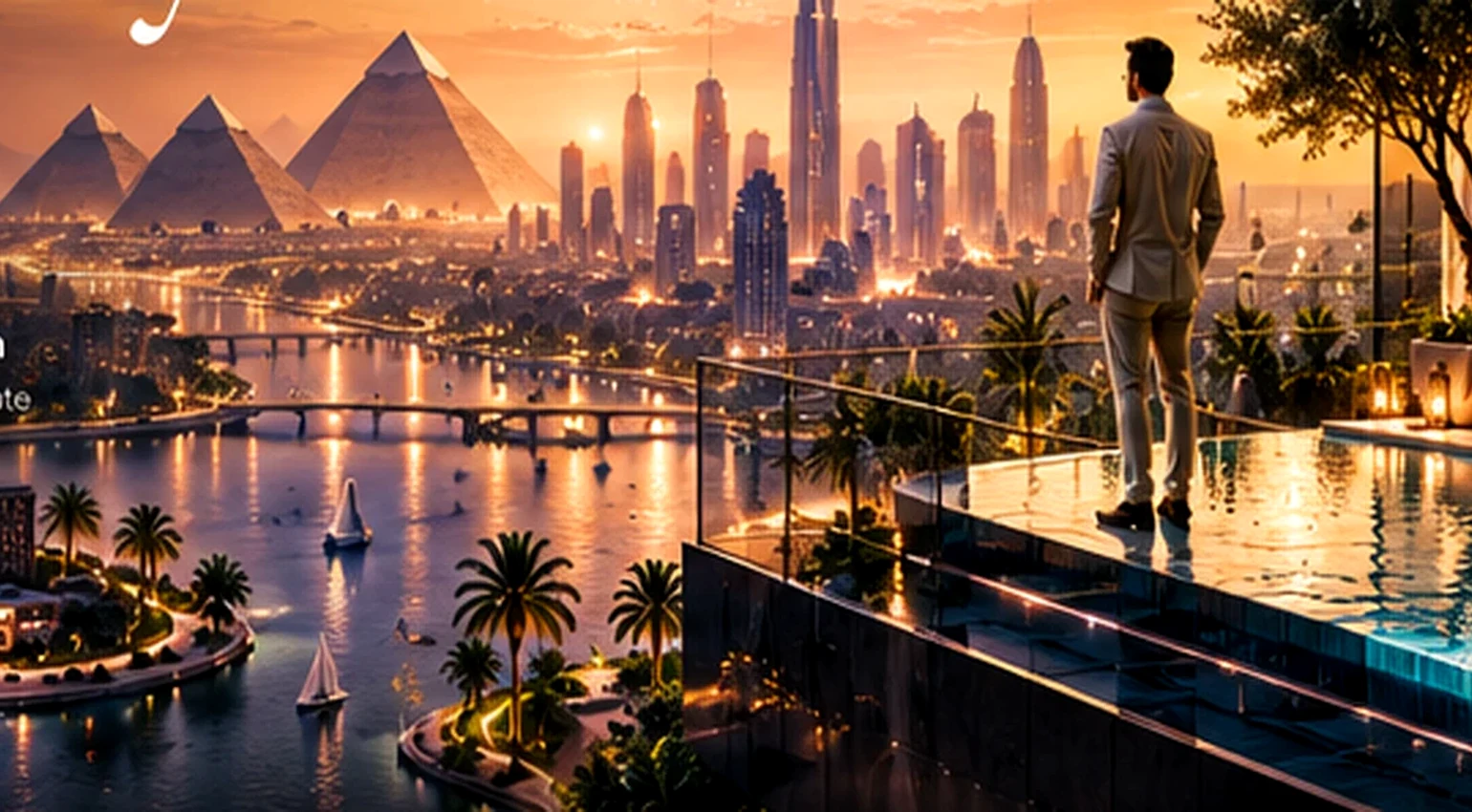 Concept art of the pyramids, modern Cairo and luxury terrace